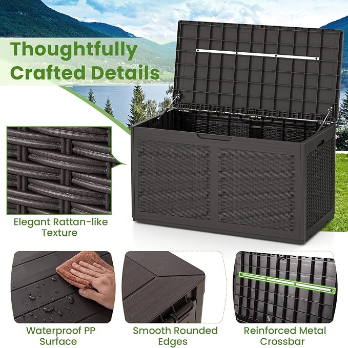 Giantex 100 Gallon Resin Outdoor Storage Box, Waterproof Deck Box w/Lockable Lid & Wheels, Rattan Storage Container Bench for Patio Cushions, Pool Accessories, Gardening Tools, 440 lbs (Brown)