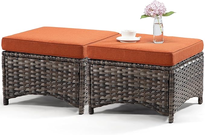 Wicker Patio Furniture Sets 7 Piece Set with One 3-Seat Sofa, 4 WIkcer Chairs, 2 Ottomans, Wicker Outdoor Furniture Set Patio Conversation Set, Orange