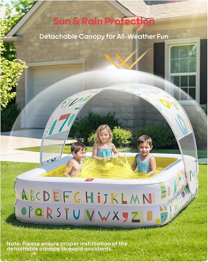 QPAU Kiddie Pool – 65" x 39" Inflatable Pool for Kids & Toddlers, Ball Pit & Baby Pool with Soft Cushioned Floor, Canopy for Sun Protection, Durable Outdoor Play Toys for Backyard & Indoor (Yellow)