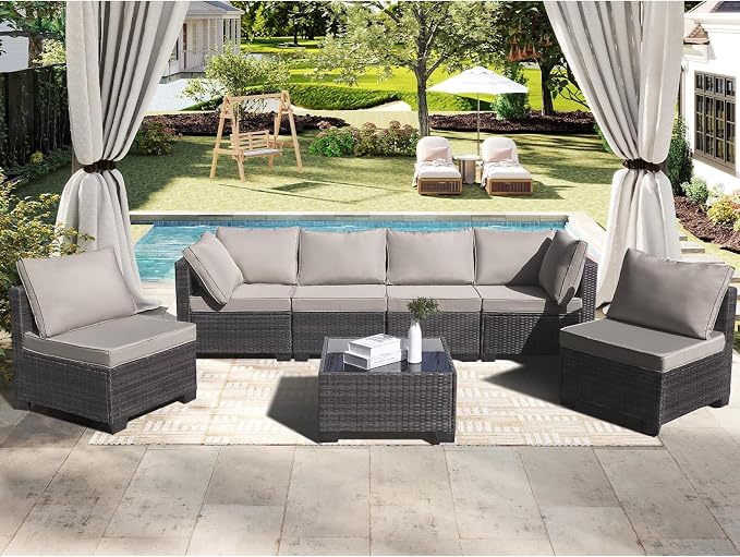 CANMOV 7 Pieces Patio Furniture SetsAll Weather Outdoor Patio Conversation Set, PE Wicker Rattan Sectional Sofa Couch Glass Coffee Table and Washable Cushions for Backyard Garden, Khaki