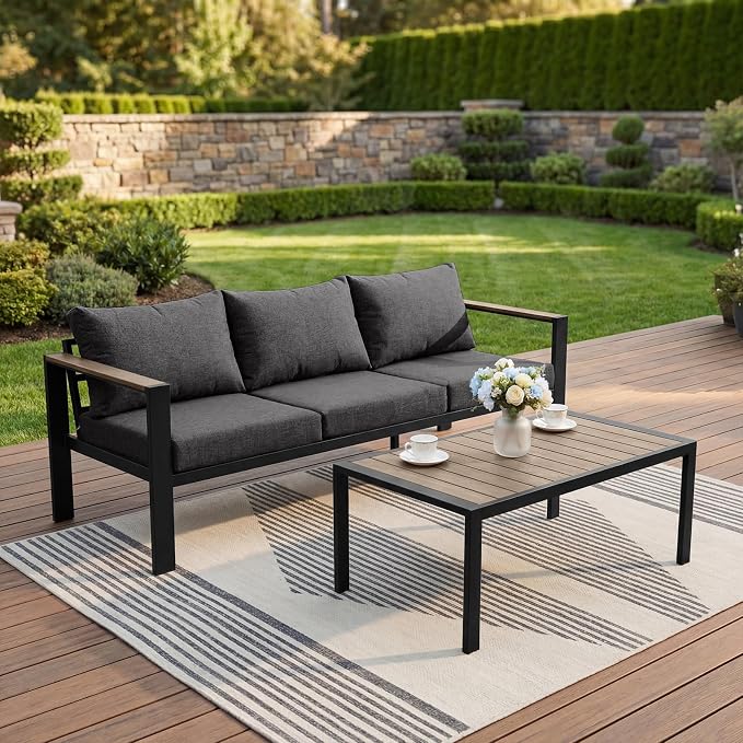 Patio Furniture Set 3 Seats Sofa and Coffee Table All-Weather Patio Sofa with Washable Thick Cushions, Deluxe Aluminum Modern Outside Sectional for Porch, Balcony, Deck, Yard, Dark Gray