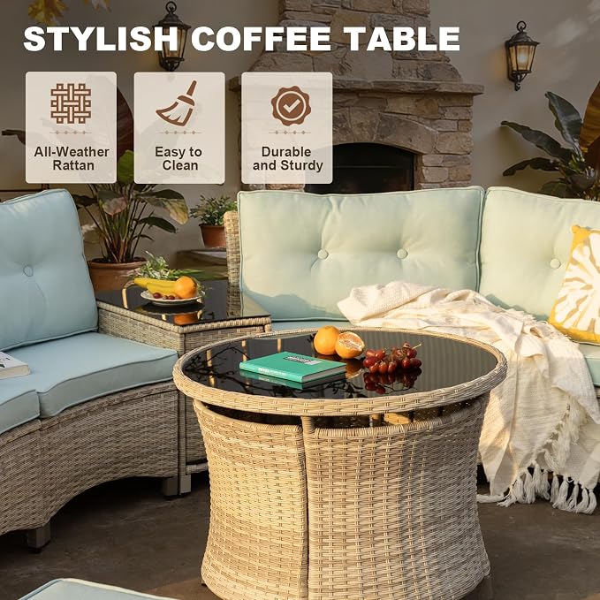 MEISSALIVVE 8-Piece Half-Moon Curved Outdoor Patio Furniture Set, Sectional Conversation Sofa with 2 Half-Moon Ottomans, Round Coffee Table for Backyard Deck Garden, Blue