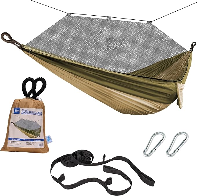 Bliss Hammocks Hammock in a Bag with Mosquito Net and Adjustable Tree Straps, Nylon Hammock for Camping and Outdoor Use, 350 Lb Capacity, Forest Green