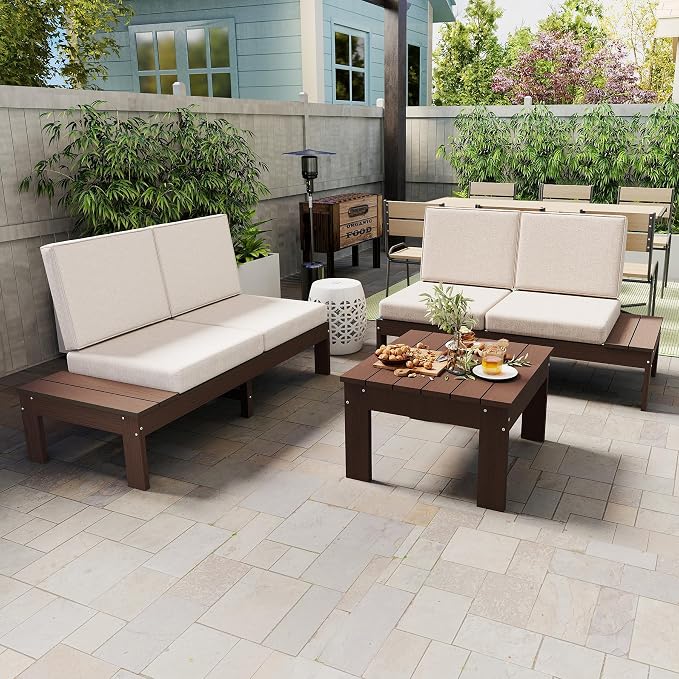Domi HDPE Outdoor Patio Sofa Set, 3-Piece Modern Conversation Set with Left & Right Sofas, Cushioned Sectional Seating and Coffee Table for Backyard, Porch, Deck & Garden,Brown