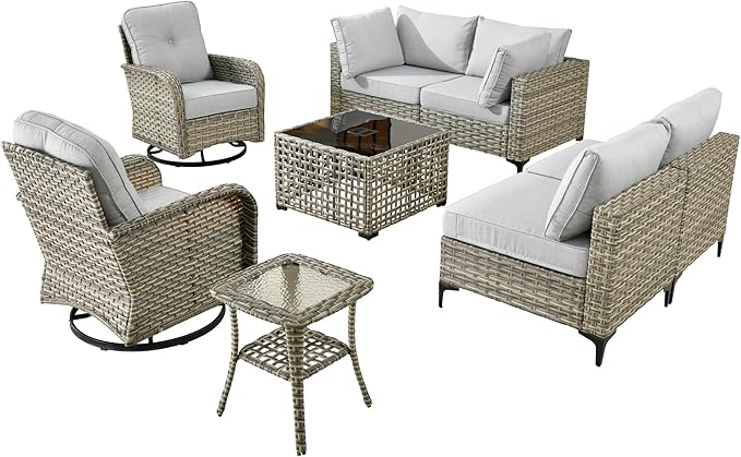Outdoor Patio Furniture Sets, 8 PCS Patio Conversation Set Outside Rattan Sectional Sofa with Wicker Rocking Chairs Coffee Table Soft Cushion Fit Backyard Porch Garden Poolside Balcony
