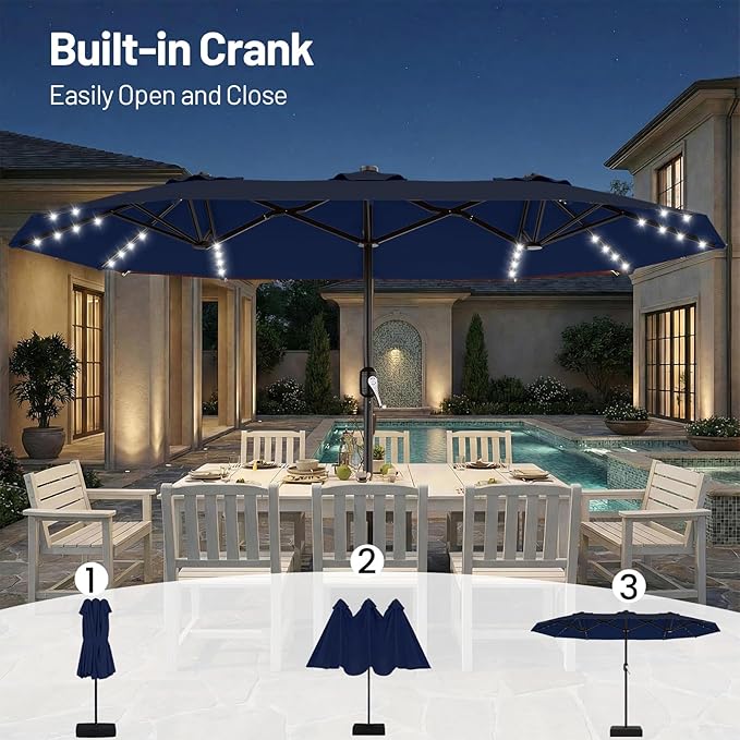 AreShark 13 FT Patio Umbrella with Solar Lights, Double-Sided Outdoor Table Umbrellas with Crank, Large Rectangular Market Umbrella for Porch, Lawn, Pool, Backyard, Navy