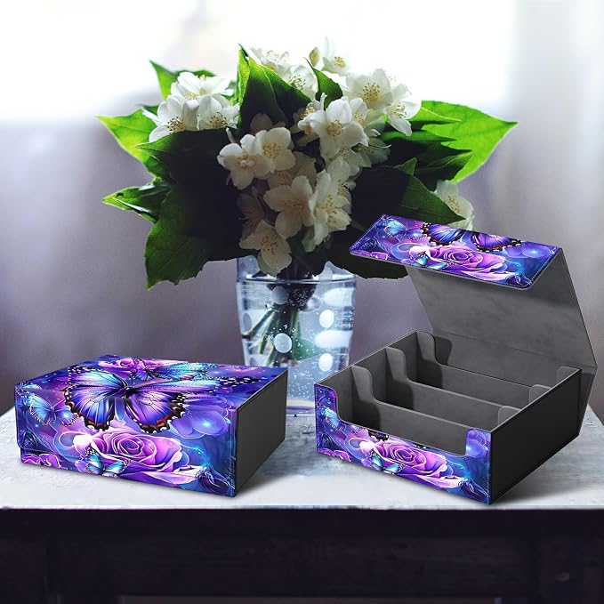 Card Deck Box for MTG, Cards Storage Box Fits 120+ Sleeved, Leather Big Size Strong Magnetic Closing Case for Board Games Magic TCG CCG Baseball Collection Women, Purple Butterfly Flower