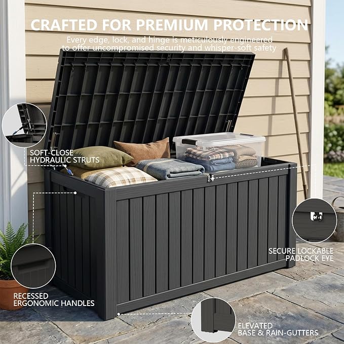 Outdoor Storage Box, 180 Gallon Waterproof Deck Box [Upgraded 3.0], Piston-Lift Tall Standing Cabinet for Oversized Cushions, Lockable Deep Tool Organizer Storage Bench, Large Lawn, Black