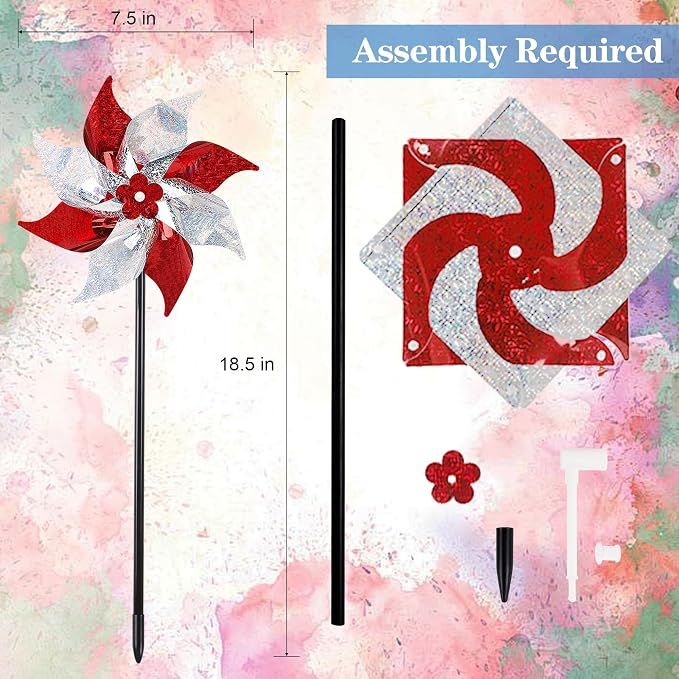 Hausse 10 Pack Reflective Pinwheels (Assembly Required), Sparkly Wind Sculptures for Garden Christmas Holiday Winter Decor, Deterrent to Scare Birds Away from Yard Patio Farm, Red & Silver