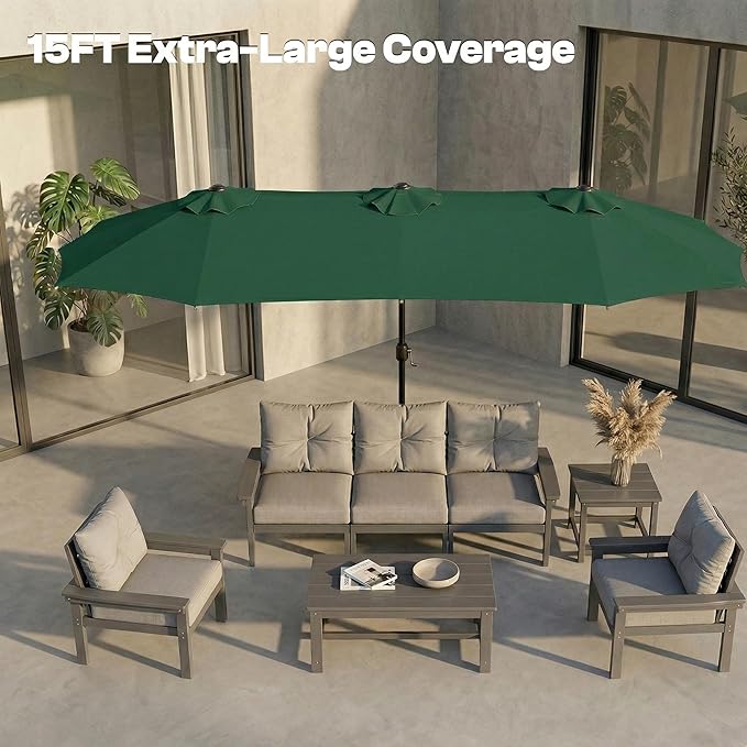 15FT Large Outdoor Patio Umbrella with Solar Lights and Base, Double-Sided Table Umbrellas with 48 LED Lights, Rectangle Market Umbrella for Pool, Deck, Backyard