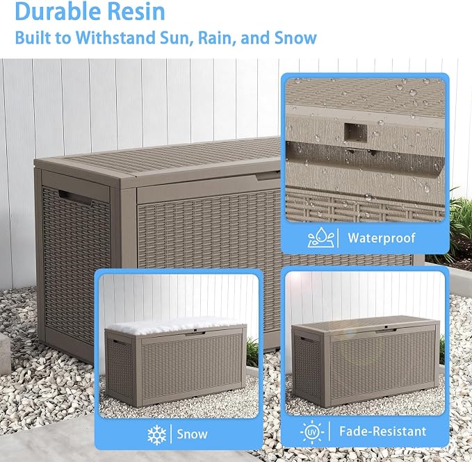 AmaVins Storage Box, 100 Gallon Rattan Pattern Deck Box with Anti-Pinch Hydraulic Rod, Indoor Use, Waterproof Resin, Package/Patio Cushions/Gardening Tools, Lockable, UV Resistant, Light Coffee