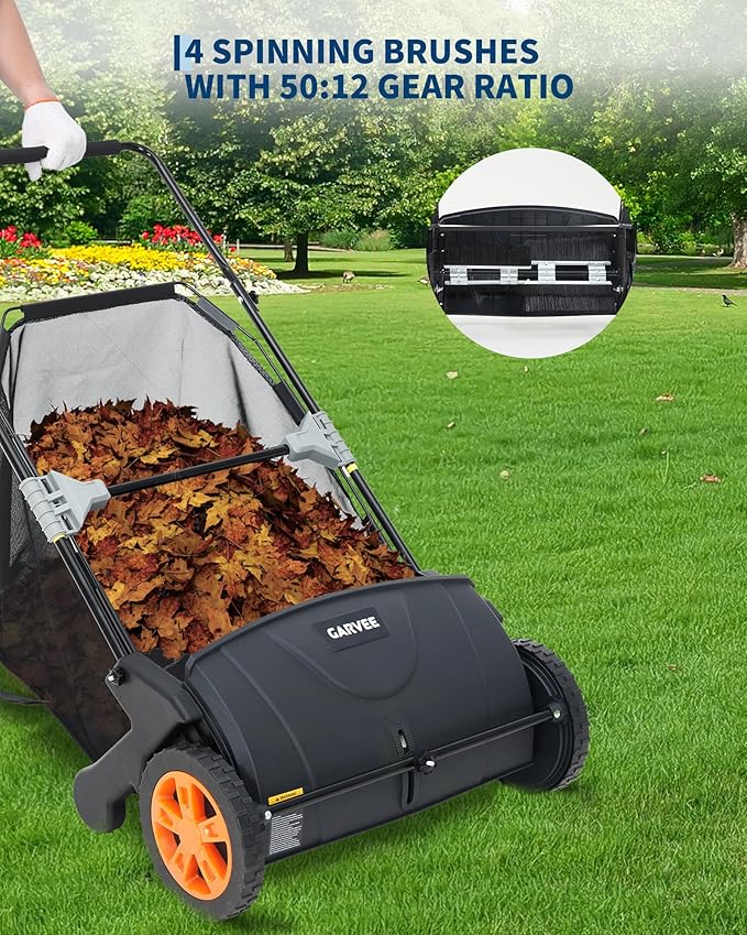 21-Inch Push Lawn Sweeper, 3.5 Cu. Ft. Hopper Leaf & Grass Collector, 4 Spinning Brushes, Adjustable Brush Height, Manual Yard Sweeper for Grass Clippings, Leaves & Light Debris, Black & Orange