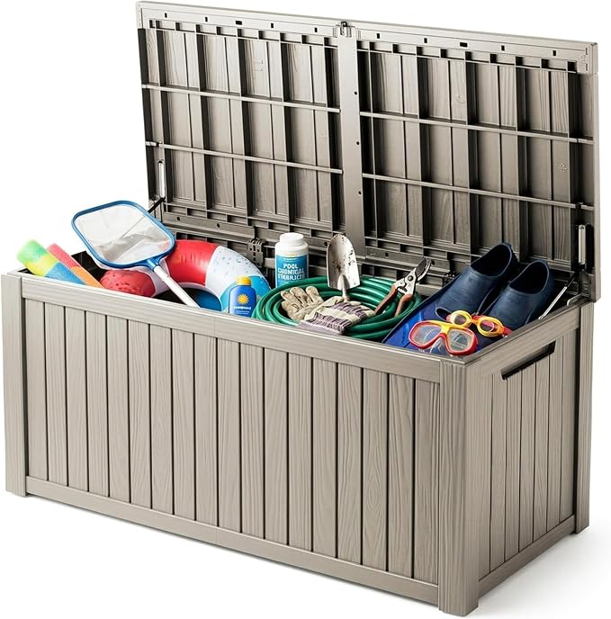 200 Gallon Deck Boxes Outdoor Waterproof, Outdoor Storage Box with Lockable Lid & UV-Resistant for Patio Furniture, Outdoor Cushions, Garden Tools and Pool Supplies, Light Brown