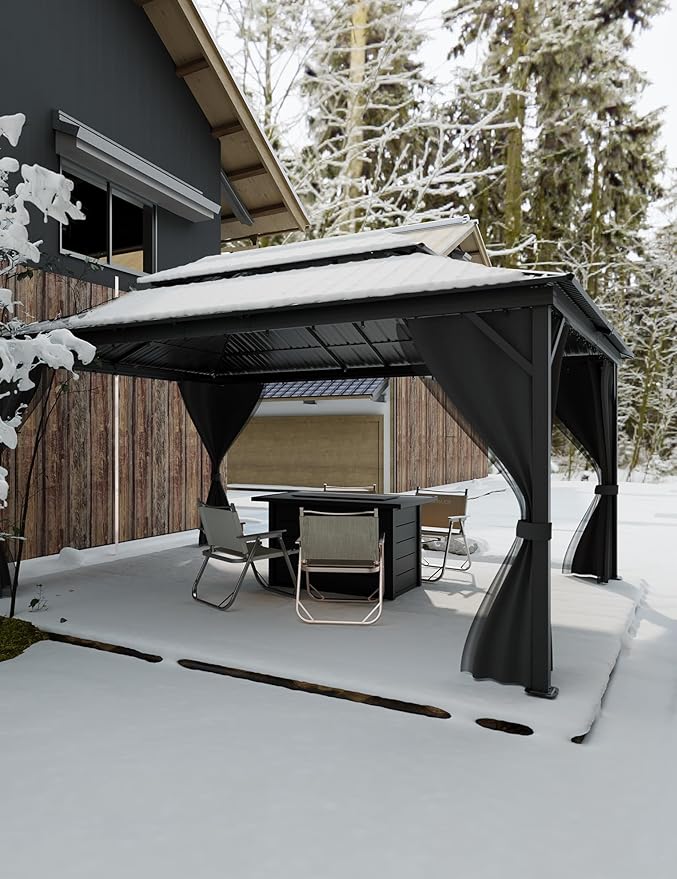 GarveeLife 12 ft x16 ft Hardtop Gazebo for All Weather, with Double Metal Roof, Aluminum Alloy Frame, Net, and Curtain, Permanent Building for Patio, Deck, Backyard, Lawn, and Garden, Gray