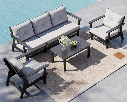 GREENVINES 6-Piece-Patio-Furniture-Set | HDPE Plastic | Outdoor Sectional Conversation Sets | All-Weather Couch | Sofa with Coffee Table | Detachable Armrests | for Deck Lawn | Black