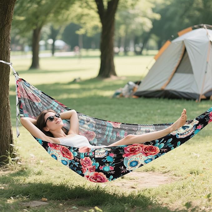Camping Hammock Outdoor Hammocks for Outside Skull Rose Cactus Beach Trees Portable Lightweight with Pockets Tree Straps Indoor