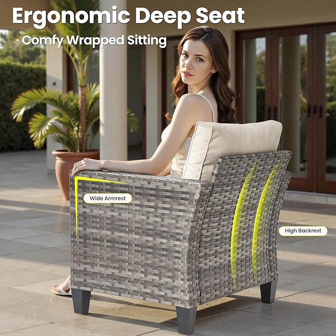 ovios 4 Pieces Patio Furniture Set, Outdoor Wicker Rattan Sofa Couch with Loveseat, Chairs, Glass Coffee Table, Conversation Sets for Yard Porch Garden, Beige