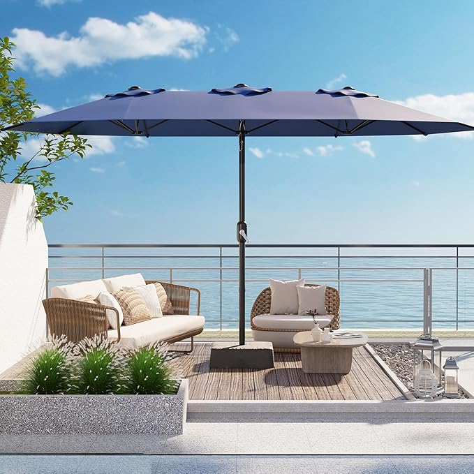 TrailBlaze 15ft Large Patio Umbrella with Base, Outdoor Rectangle Umbrella Double-Sided Market Umbrella with Crank Handle UV Protection Table Umbrellas for Backyard, Deck, Poolside and Garden