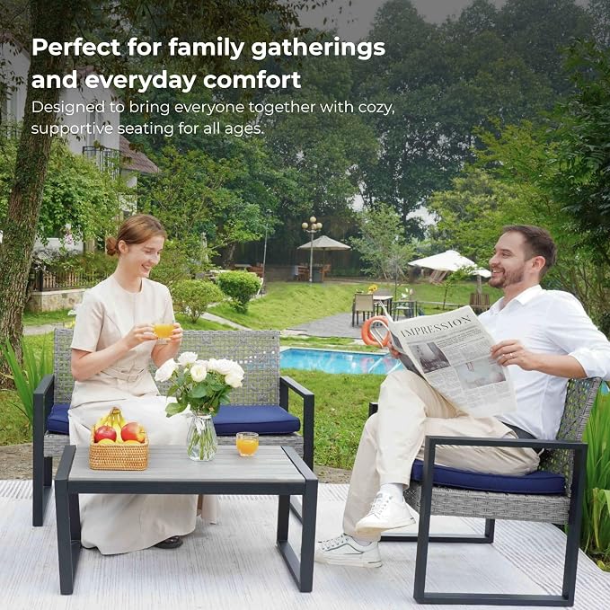 GDFStudio 4-Piece Patio Furniture Set with Acacia Wood Tabletop, PE Rattan Conversation Sofa Set, Steel Frame Outdoor Seating for Balcony Porch Garden Backyard Lawn, Blue Cushions Light Gray Wicker