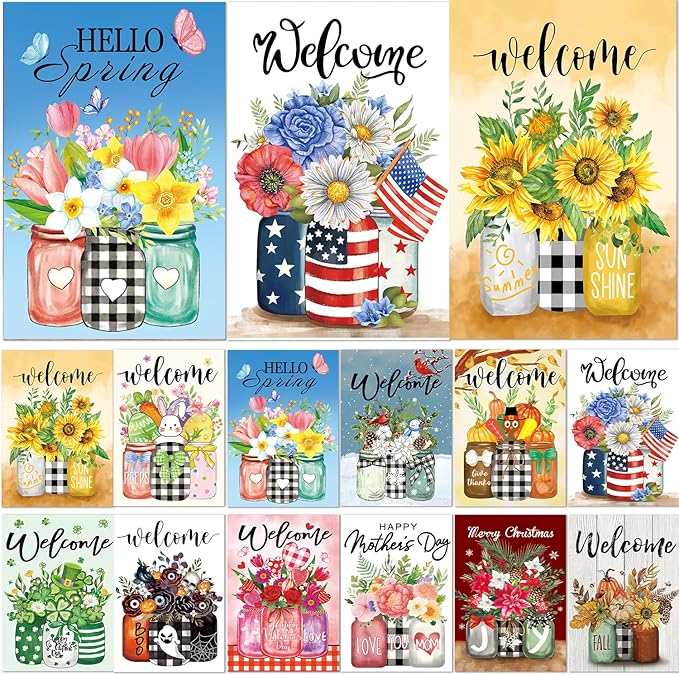 Seasonal Garden Flags Set of 12 Double Sided 12 x 18 Inch Glass Bottles Theme Yard Flags, Small Flags for Outside, Spring Easter 4th of July Outdoor Flags, Holiday Garden Flags for All Seasons