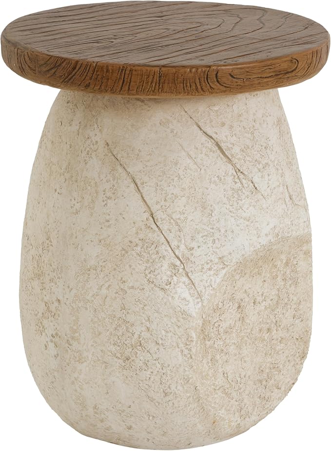Outdoor Side Table, Modern Organic MGO Accent End Table for Patio, Living Room, Beige Tone Organic Pear-Shaped Base with Faux Wood Grain Top