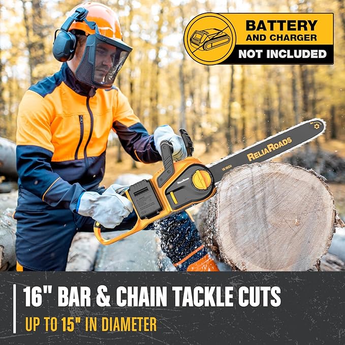ReliaRoads 16-Inch Brushless Chainsaw, 40V (2 x 20V MAX) Cordless Battery Powered Chain Saw Kit (Includes 2 Chains) Compatible DeWALT Battery for Wood/Tree Cutting and Pruning (Battery Not Included)