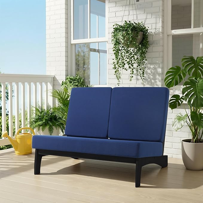 UIXE 2 Pieces All Weather Wood Patio Furniture Sets, Patio Loveseat Outdoor Sofa with Solid Wooden Coffee Table, Black Teak - Navy Blue