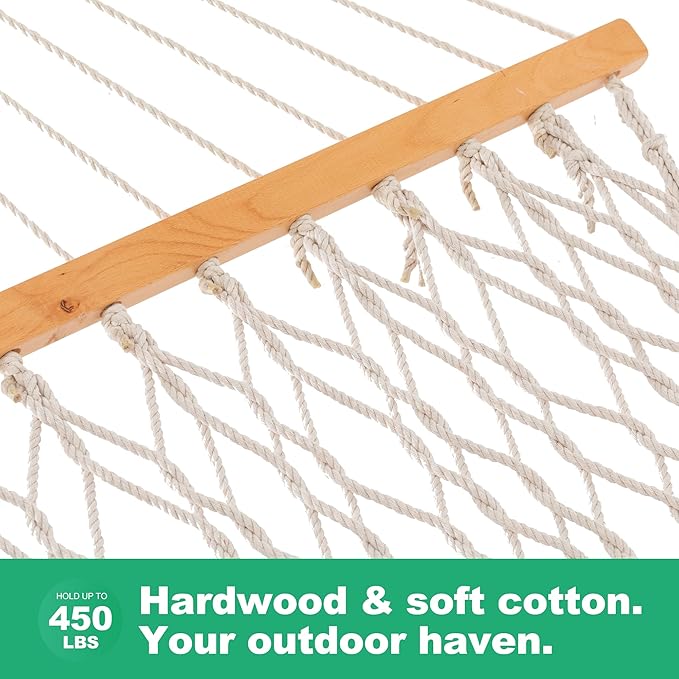 12ft Double Hammocks for Outside, Handwoven Traditional Cotton Rope Hammock with Hardwood Spreader Bar, Chains and Hooks for Indoor Outdoor, Max 450 lbs Capacity(Natural Beige, Medium)