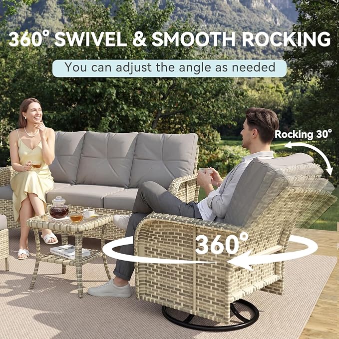 LazySunsets 7 Piece Outdoor Patio Furniture Set with Coffee Table, Wicker Rattan Outdoor Furniture with High Back Swivel Rocker Chairs, Outdoor Conversation Sets with Thick Cushions, Grey