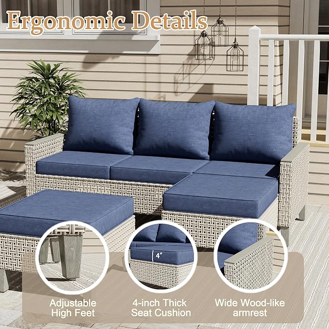 8 Pieces Patio Furniture Set with Fire Pit Table and Ottomans, Modern Outdoor Sectional Sofa with Comfy Cushions, Modular Wicker Rattan Patio Conversation Set, Navy