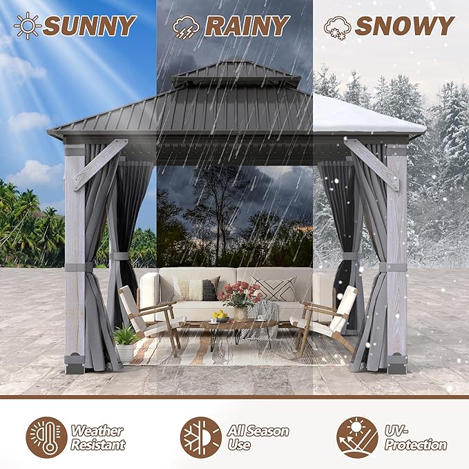 10' x 10' Wood Gazebo, Outdoor Cedar Wood Hardtop Gazebo with Galvanized Steel Doule Roof, Wooden Frame Gazebos with Netting and Curtains for Patio Backyard Deck