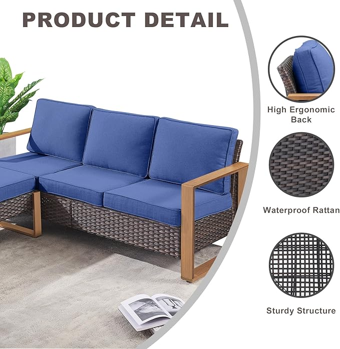 Rilyson Outdoor Wicker Patio Furniture Set - 6 Piece Patio Conversation Set with 2 Wicker Armrest Chairs,2 Rattan Ottoman,1 Side Table and 1 Couch,Sturdy Frame,Thick Cushions,Deep Seating(Brown/Blue)