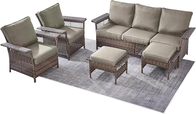 Outdoor Wicker Patio Furniture Set - 5 Piece Rattan Patio Conversation Sets with 2 Wicker Chairs,2 Ottomans and 1 Sofa for Porch Deck Garden(Brown/Grey)