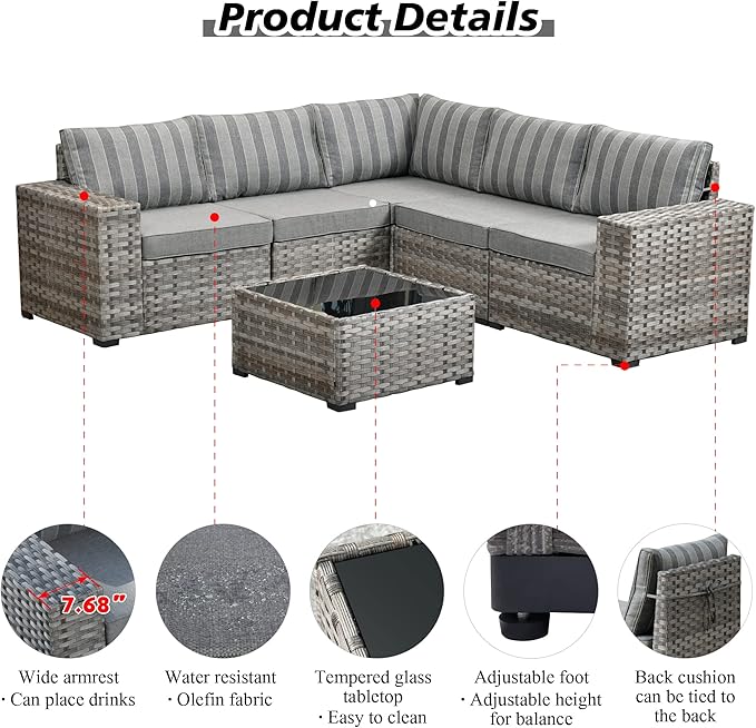 HOOOWOOO Outdoor Patio Sectional Furniture Sofa Set with Widened Armrest,6 Piece Small Modern Wicker Couch,Modular L Shaped Conversation Seating Set with Table for Out Door Garden Corner(Grey Strips)