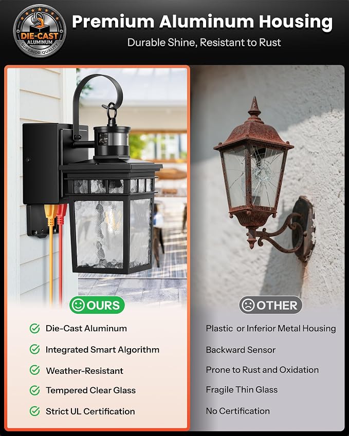 Gleamz Adjustable Time & Distance Motion Sensor Porch Light with GFCI Outlet, Modern Exterior Lighting Fixtures, Black Outdoor Lanterns for Porch, House, Patio, Garage, Waterproof, Aluminum, 1 Pack