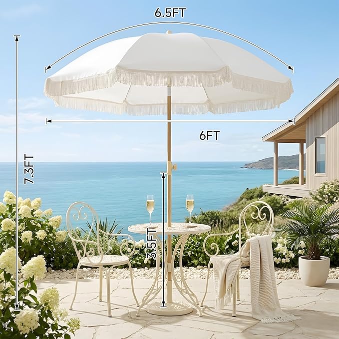 6.5FT Boho Patio Umberlla with Fringe,UPF50+ Outdoor Umbrella with Fiberglass Ribs and Push Button Tilt,Tassels Umbrella for Beach,Terrace,Picnic