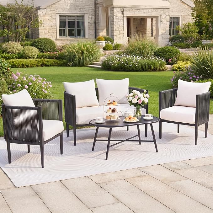 NATURAL EXPRESSIONS 4-Piece Outdoor Patio Furniture Set with Thick Olefin Cushions and Metal Table, Handwoven Rattan Conversation Set for Backyard, Balcony and Garden