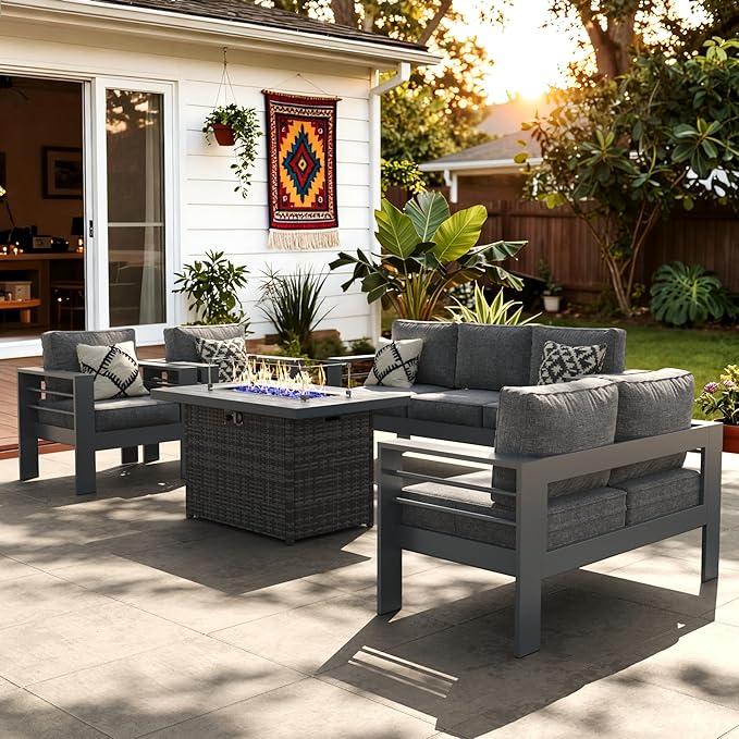 LayinSun Aluminum Furniture Set with Fire Pit Table, 5 Pieces Patio Sectional Conversation Chat Sofa Modern Seating Set