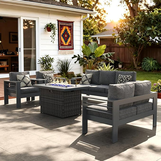 LayinSun Aluminum Furniture Set with Fire Pit Table, 5 Pieces Patio Sectional Conversation Chat Sofa Modern Seating Set