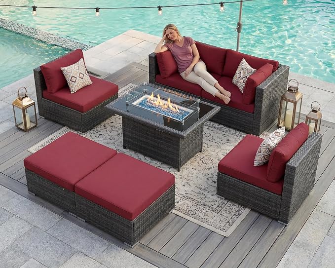 BULEXYARD 7 Piece High Back Outdoor Sectional Set with Fire Pit Table, Wicker Patio Furniture Set Weather-Resistant, Modular 6-Person Couch Sofa Comfortable Wide Deep Seats for Backyard, Grey & Red