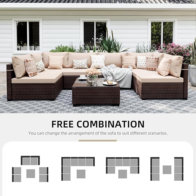 UPHA 7 Pieces Patio Furniture Sets, Wicker Outdoor Sectional Sofa Couch with Coffee Table, Patio Conversation Set for Deck Backyard Garden, Brown Rattan, Beige Cushion