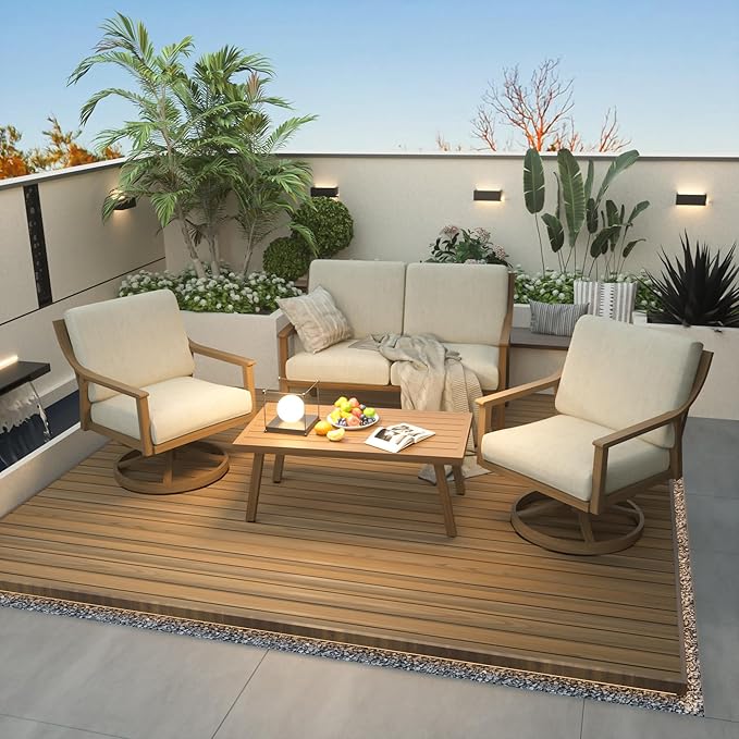 HAPPATIO 4-Piece Patio Furniture Set - Outdoor Aluminum Patio Conversation Set Includes 1 Loveseat, 2 Swivel Chairs, and 1 Coffee Table, Perfect for Porch, Deck, Garden, (Beige)