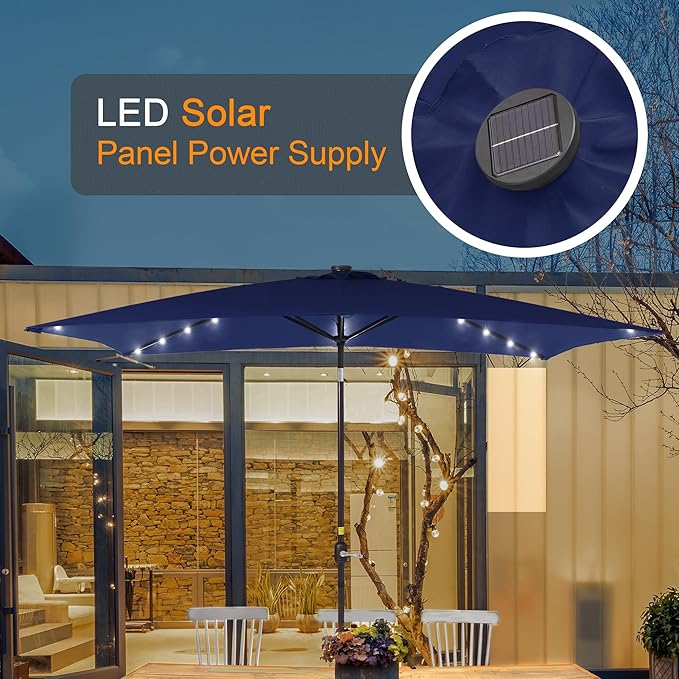 Rectangle Patio Umbrella with Solar Lights, 6x9ft Outdoor Rectangular Table Market Umbrella Patio with Push Button Tilt and Crank for Pool, Deck, Garden,Backyard