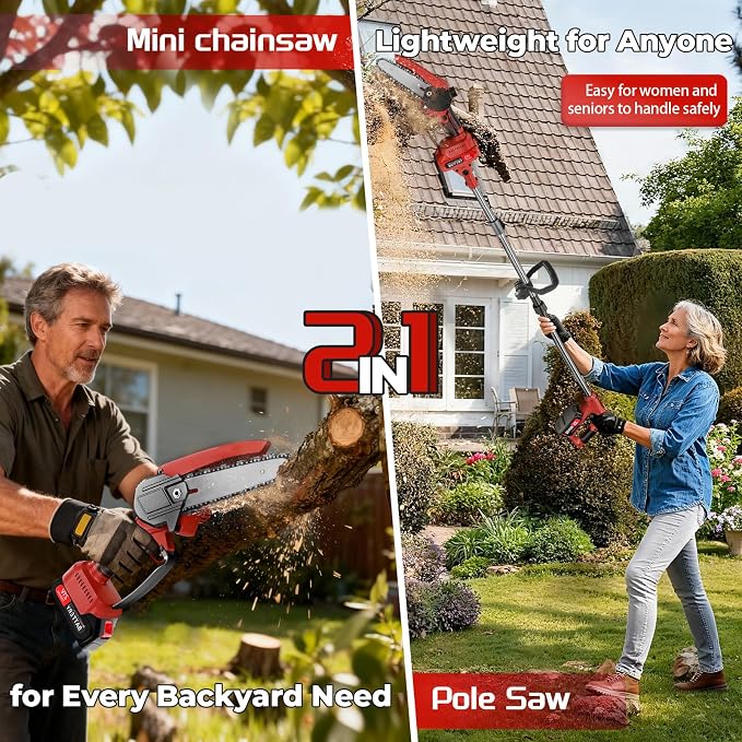 2-in-1 Cordless Pole Saw & Mini Chainsaw, 6-Inch Battery Powered Tree Trimmer with 4.4ft Extension Pole, 2 Batteries | Safe High Branch Pruning for Homeowners
