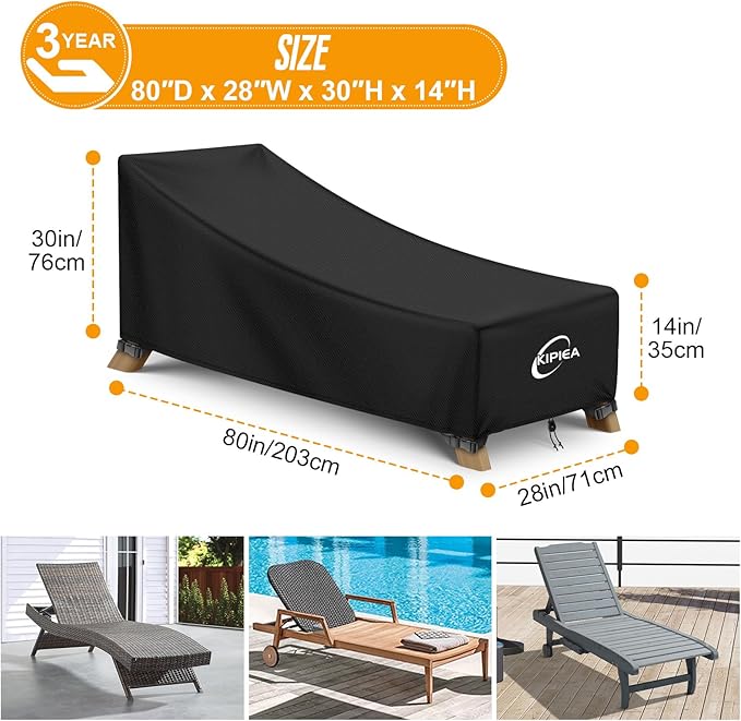 Kipiea Waterproof Patio Lounge Chair Covers for Outdoor Furniture, Heavy Duty Outdoor Chaise Lounge Cover with Anti UV and No Tears, No Fading (80"D x 28"W x 30"H)