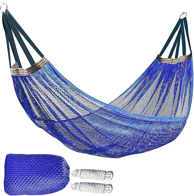 Outdoor Travel Camping Sport Hammock, Outdoor Sport Hammock Net Mesh Nylon Rope Sleeping Bed Swing with Hooks for Garden Beach Yard Travel (Blue)