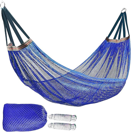Outdoor Travel Camping Sport Hammock, Outdoor Sport Hammock Net Mesh Nylon Rope Sleeping Bed Swing with Hooks for Garden Beach Yard Travel (Blue)