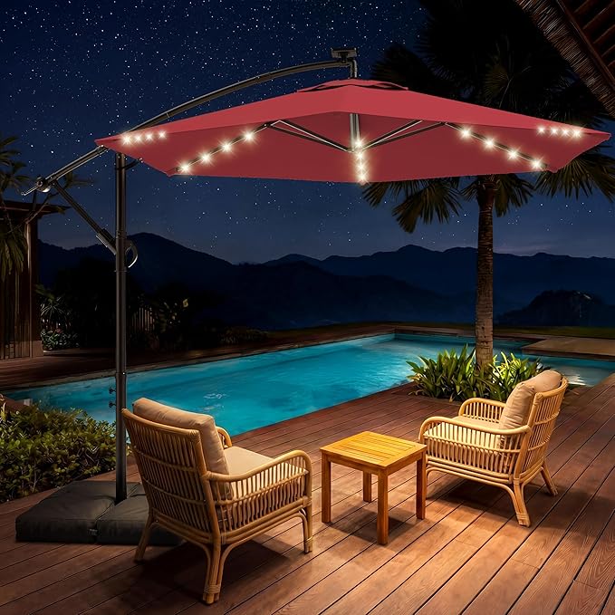 HOMSHADE 10FT Offset Patio Umbrella with Solar Lights, Outdoor Patio Umbrella with Base Included, Easy Tilt and UPF50+ Cantilever Market Hanging Umbrellas for Pool, Deck, Garden, Patio (Red)