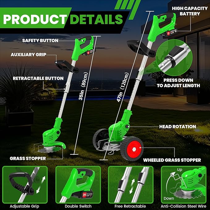 Electric Weed Wacker Cordless,21V Weed Eater Battery Powered,No String Trimmer Battery Operated Lawn Trimmer,3 In 1 Grass Trimmer/Brush Cutter/Lawn Edger,Lightweight Wheel Weed Trimmer for Garden Yard