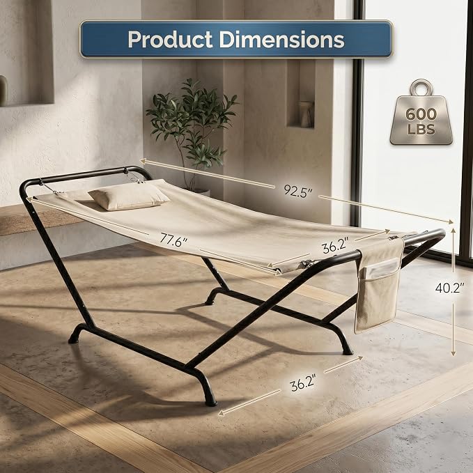 Freestanding Hammock with Stand, 600lbs Capacity Heavy Duty Outdoor Hammock Bed with Detachable Soft Pillow and Side Storage Pocket, Portable Gray Hammock for Patio Garden (Beige)